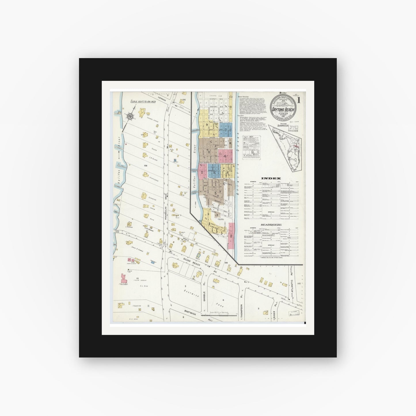 Old map wall art mockup — black gallery frame with white mat — Sanborn Fire Insurance Map from Daytona Beach, Volusia County, Florida (1916), Sheet #0001