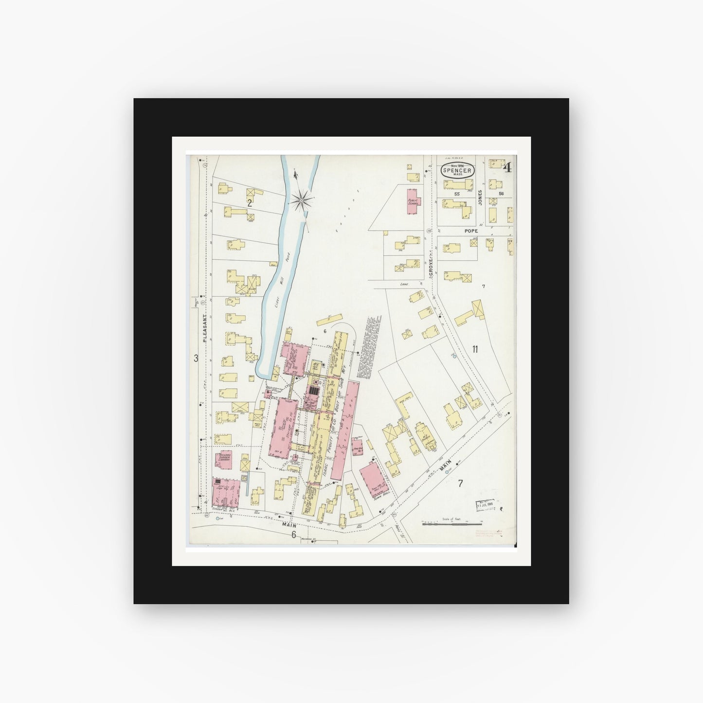 Old map wall art mockup — black gallery frame with white mat — Sanborn Fire Insurance Map from Spencer, Worcester County, Massachusetts (1896), Sheet #0004