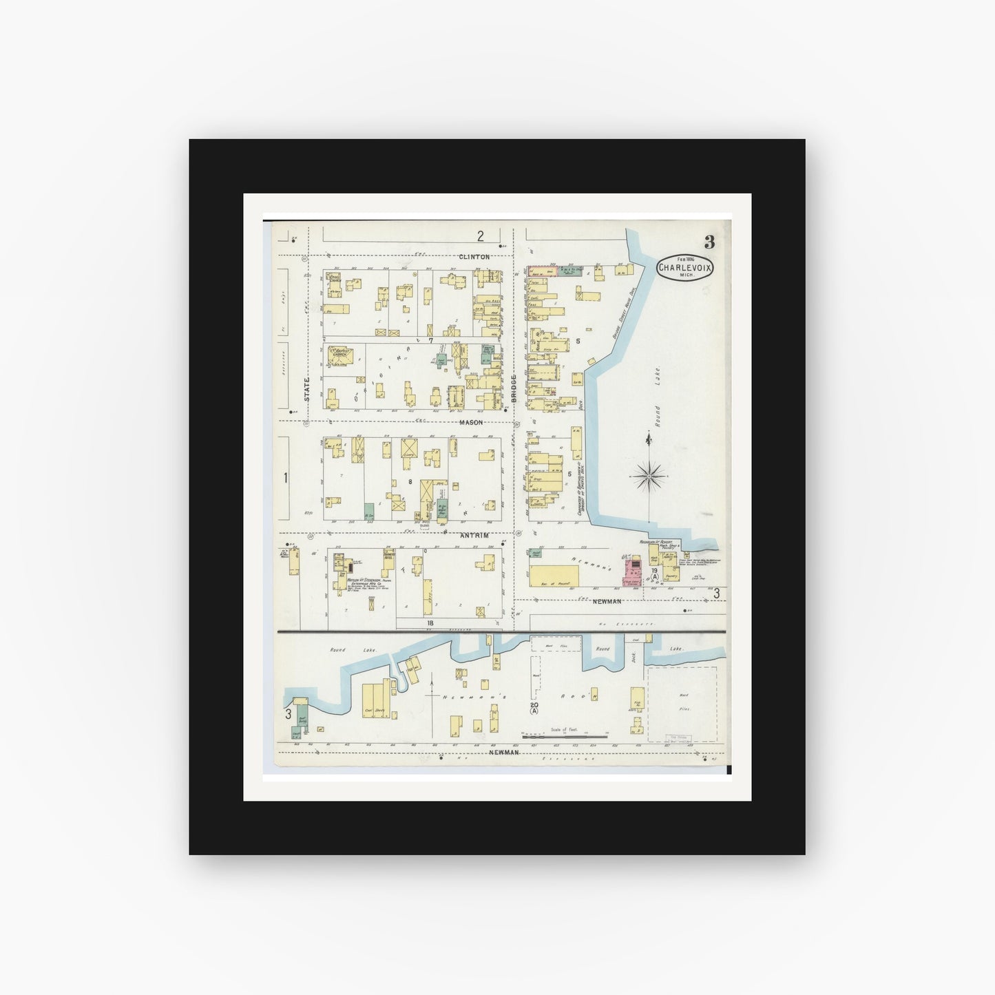 Old map wall art mockup — black gallery frame with white mat — Sanborn Fire Insurance Map from Charlevoix, Charlevoix County, Michigan (1896), Sheet #0003