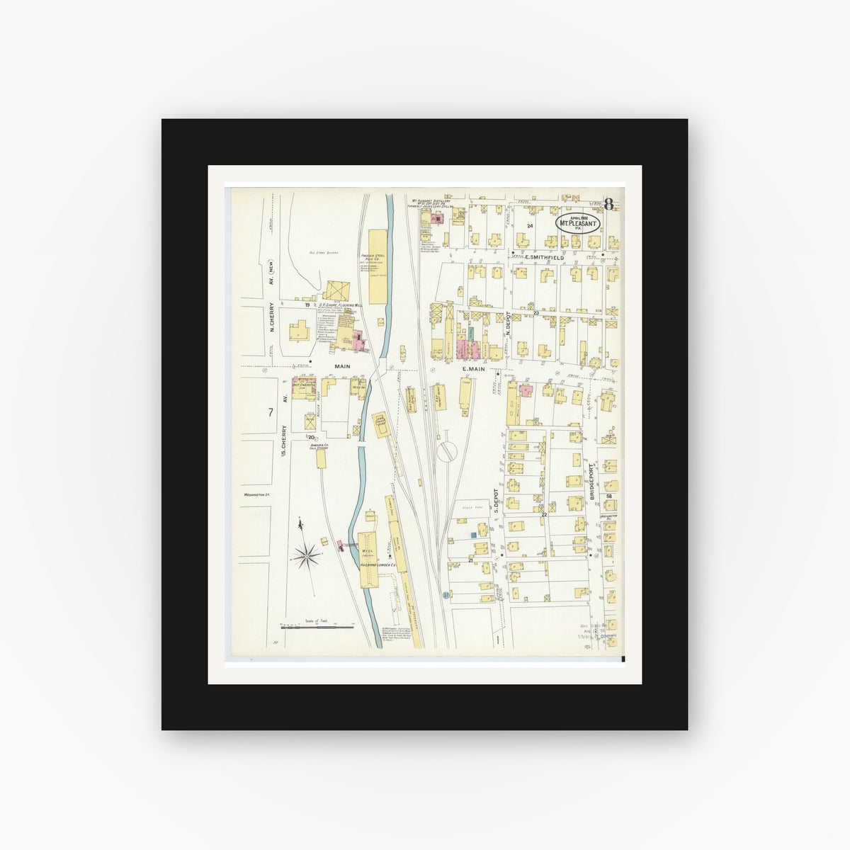 Old map wall art mockup — black gallery frame with white mat — Sanborn Fire Insurance Map from Mount Pleasant, Westmoreland County, Pennsylvania (1908), Sheet #0008
