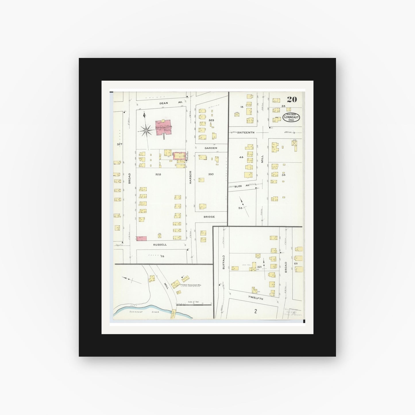 Old map wall art mockup — black gallery frame with white mat — Sanborn Fire Insurance Map from Conneaut, Ashtabula County, Ohio (1909), Sheet #0020