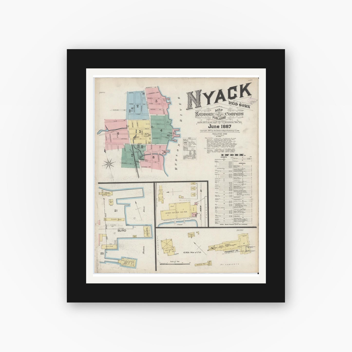 Old map wall art mockup — black gallery frame with white mat — Sanborn Fire Insurance Map from Nyack, Rockland County, New York. (1887), Sheet #0000