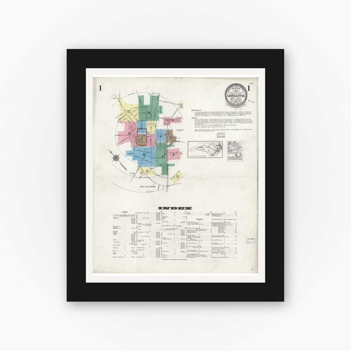 Old map wall art mockup — black gallery frame with white mat — Sanborn Fire Insurance Map from Morganton, Burke County, North Carolina (1924) - Complete Map Set