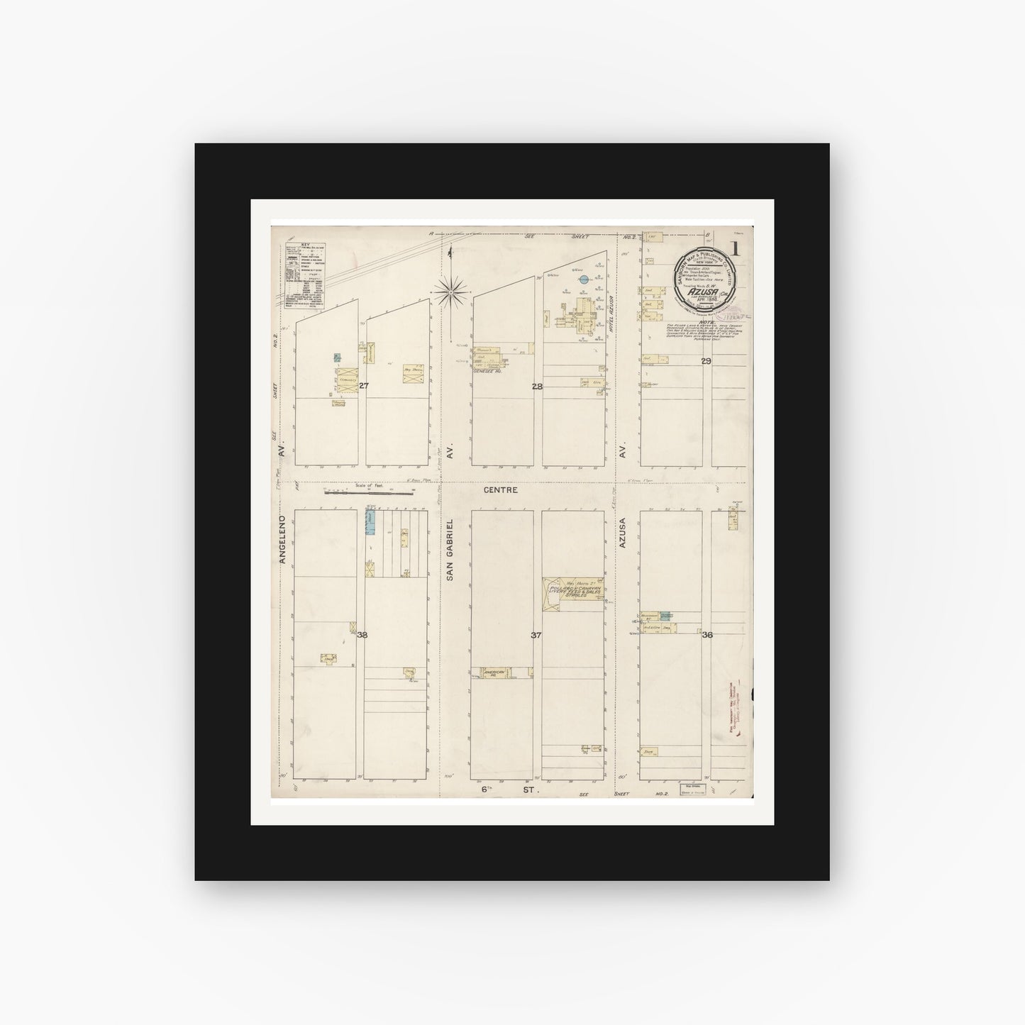 Old map wall art mockup — black gallery frame with white mat — Sanborn Fire Insurance Map from Azusa, Los Angeles County, California (1888), Sheet #0001