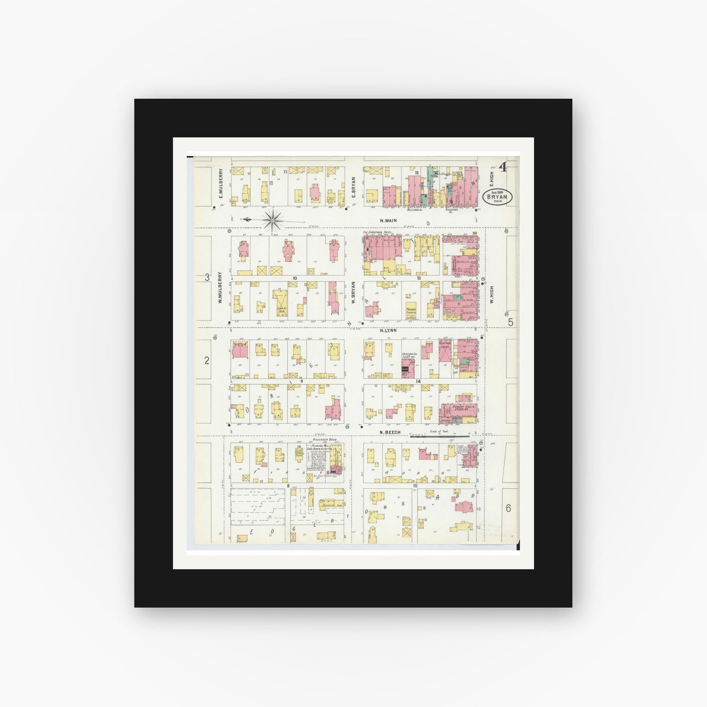 Old map wall art mockup — black gallery frame with white mat — Sanborn Fire Insurance Map from Bryan, Williams County, Ohio (1899), Sheet #0004