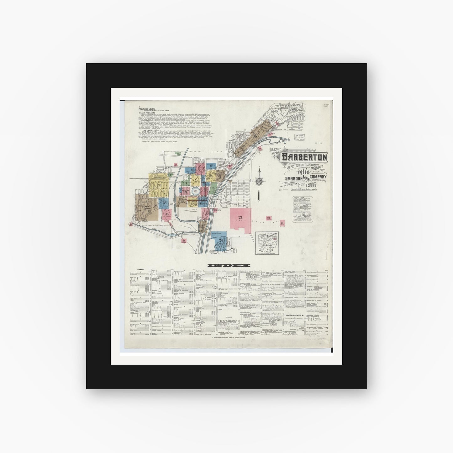 Old map wall art mockup — black gallery frame with white mat — Sanborn Fire Insurance Map from Barberton, Summit County, Ohio (1916) - Complete Map Set