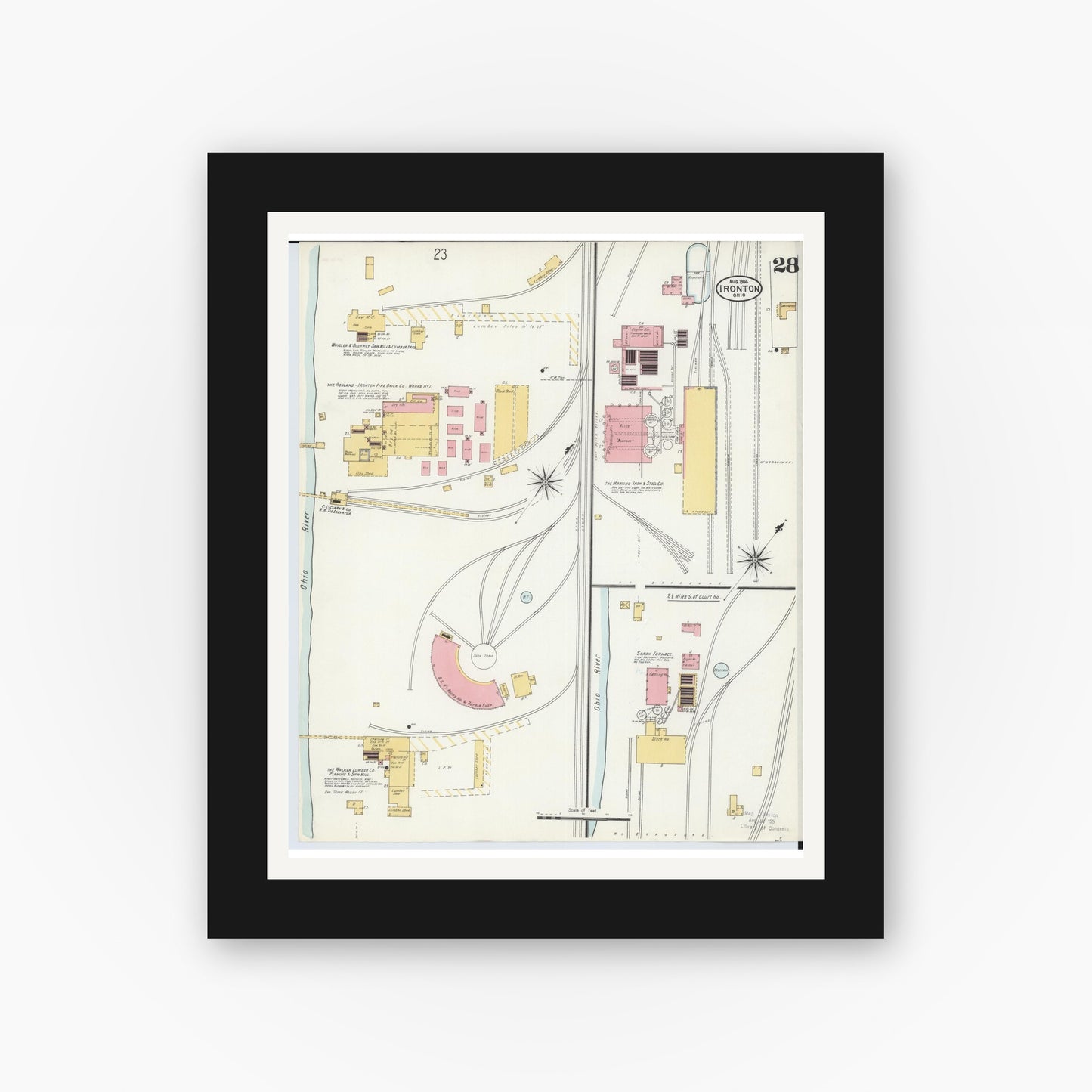 Old map wall art mockup — black gallery frame with white mat — Sanborn Fire Insurance Map from Ironton, Lawrence County, Ohio (1904), Sheet #0028