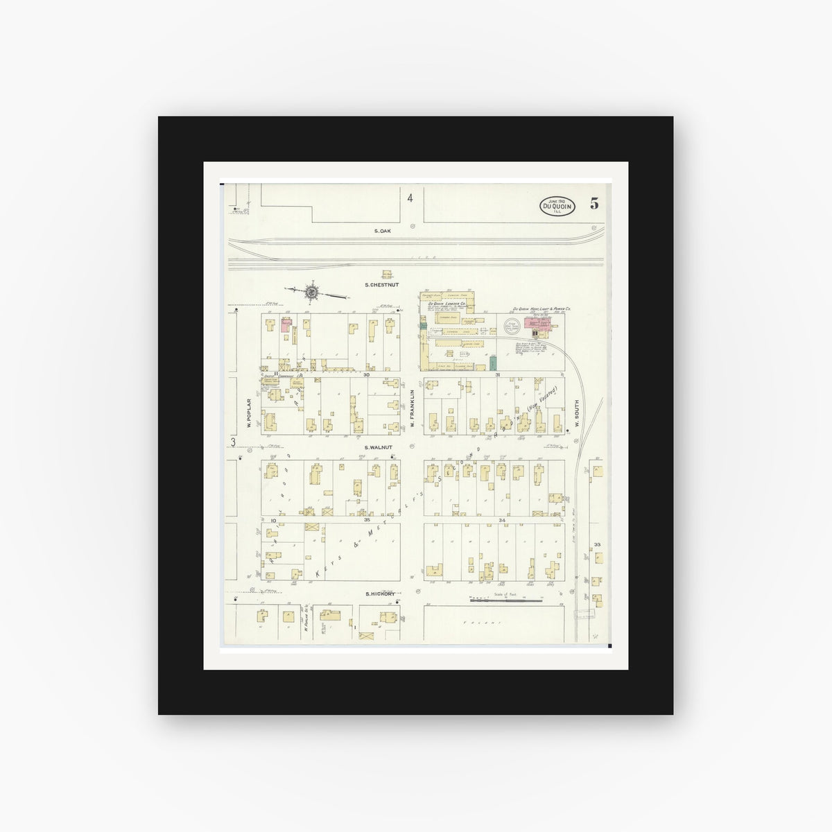 Old map wall art mockup — black gallery frame with white mat — Sanborn Fire Insurance Map from Du Quoin, Perry County, Illinois (1910), Sheet #0005