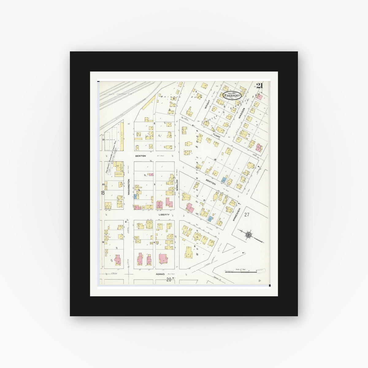 Old map wall art mockup — black gallery frame with white mat — Sanborn Fire Insurance Map from Freeport, Stephenson County, Illinois (1910), Sheet #0021