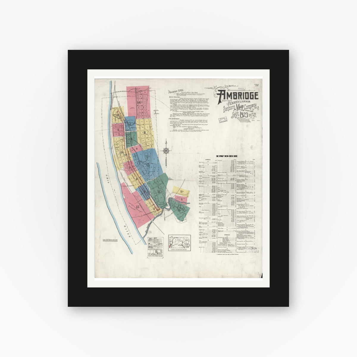 Old map wall art mockup — black gallery frame with white mat — Sanborn Fire Insurance Map from Ambridge, Beaver County, Pennsylvania (1923), Sheet #0001