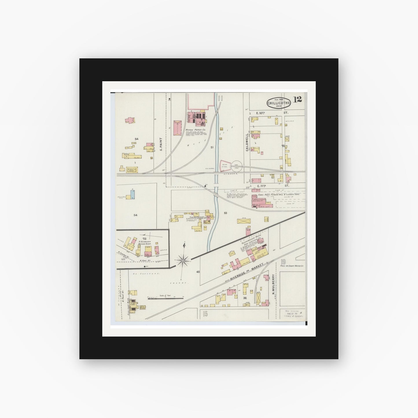 Old map wall art mockup — black gallery frame with white mat — Sanborn Fire Insurance Map from Chillicothe, Ross County, Ohio (1895), Sheet #0012