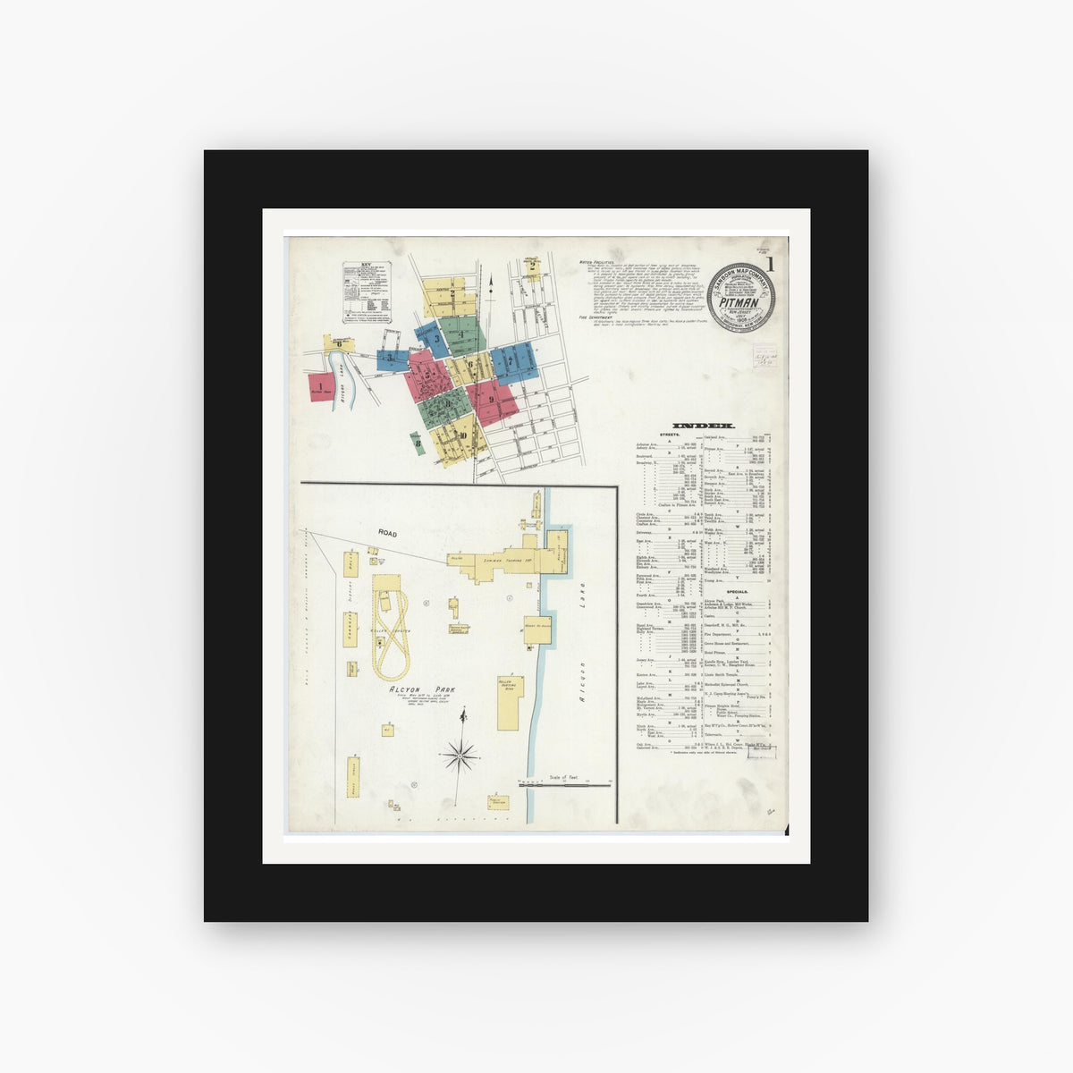 Old map wall art mockup — black gallery frame with white mat — Sanborn Fire Insurance Map from Pitman, Gloucester County, New Jersey (1908), Sheet #0001