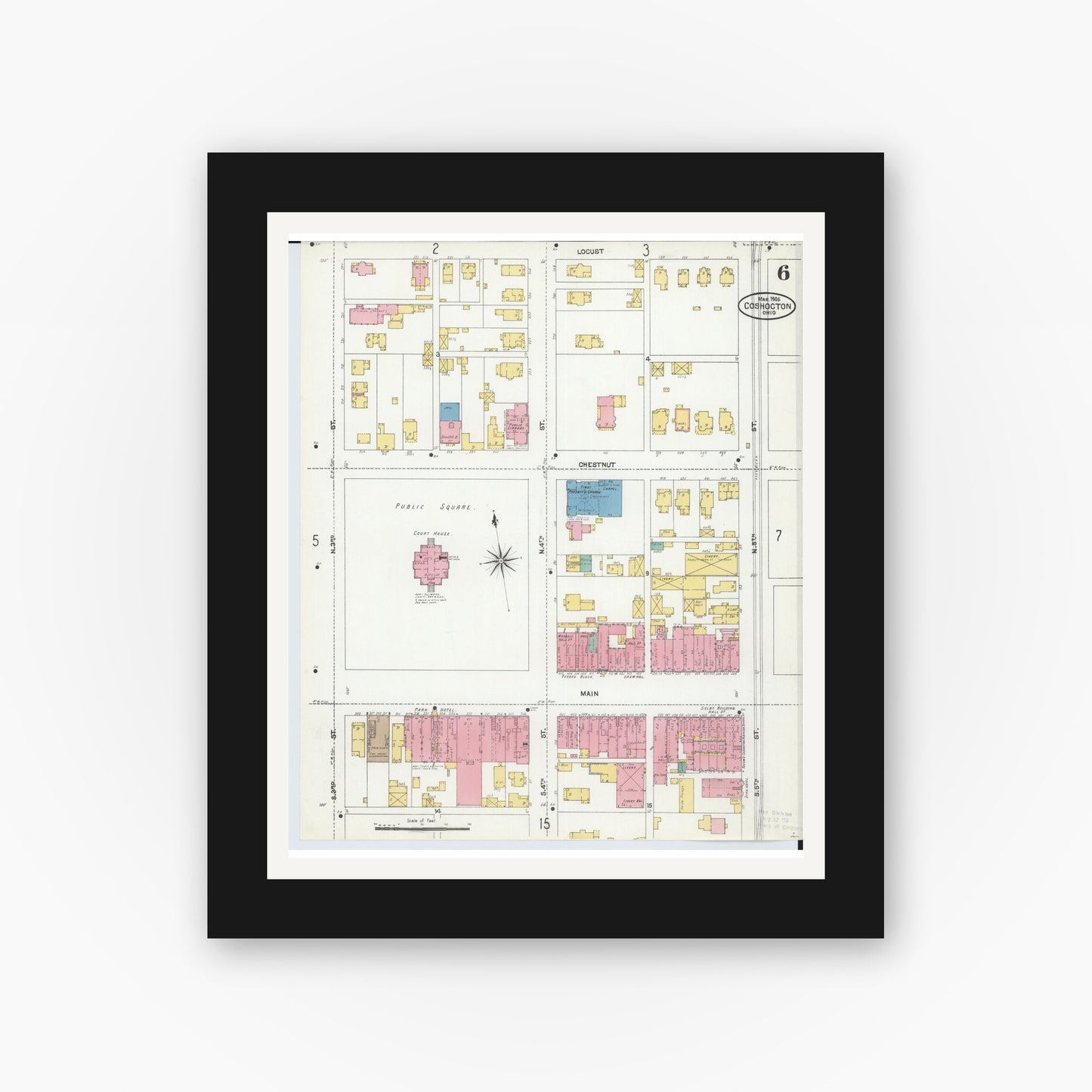 Old map wall art mockup — black gallery frame with white mat — Sanborn Fire Insurance Map from Coshocton, Coshocton County, Ohio (1905), Sheet #0006
