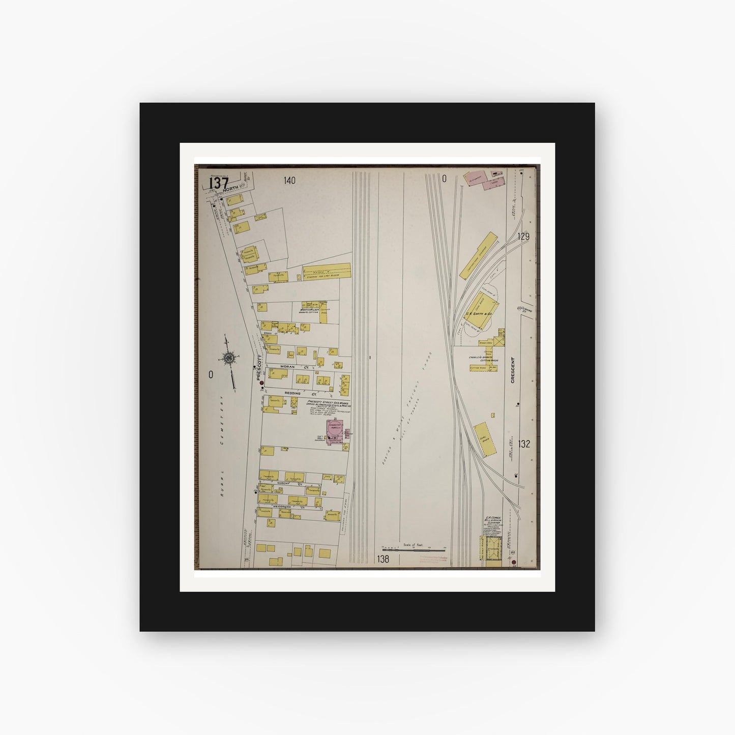 Old map wall art mockup — black gallery frame with white mat — Sanborn Fire Insurance Map from Worcester, Worcester County, Massachusetts (1910), Sheet #0137