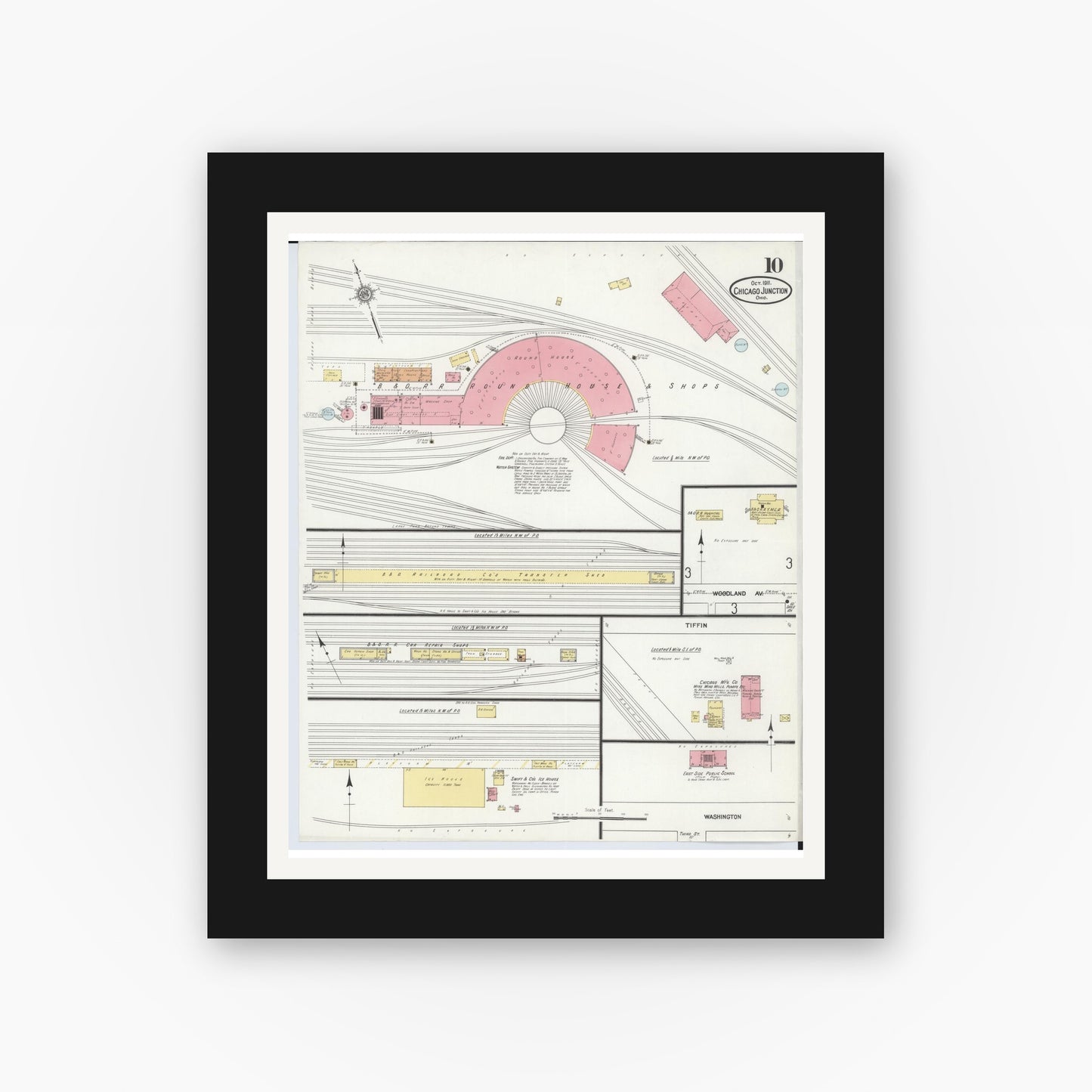 Old map wall art mockup — black gallery frame with white mat — Sanborn Fire Insurance Map from Chicago Junction, Huron County, Ohio (1911), Sheet #0010
