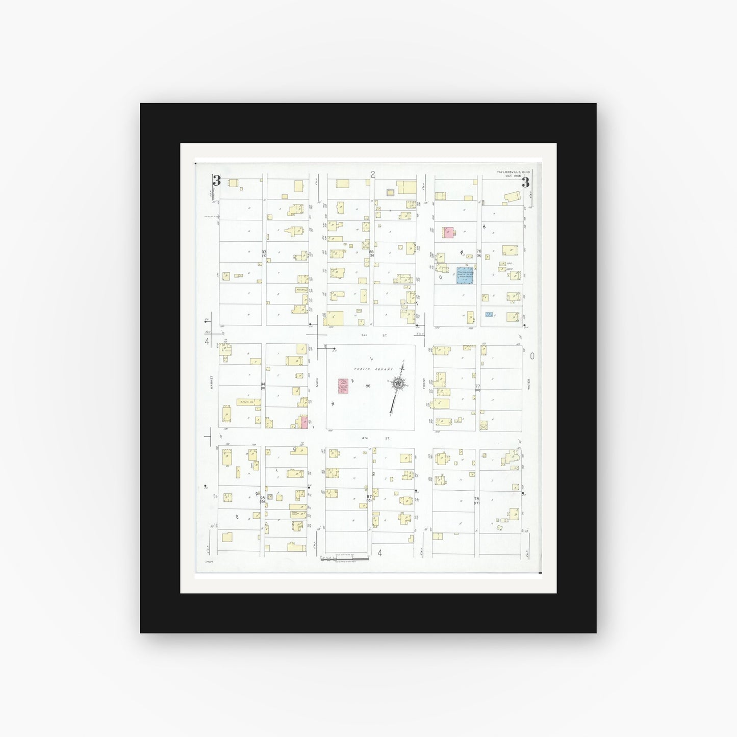 Old map wall art mockup — black gallery frame with white mat — Sanborn Fire Insurance Map from Taylorsville, Muskingum County, Ohio (1946), Sheet #0003