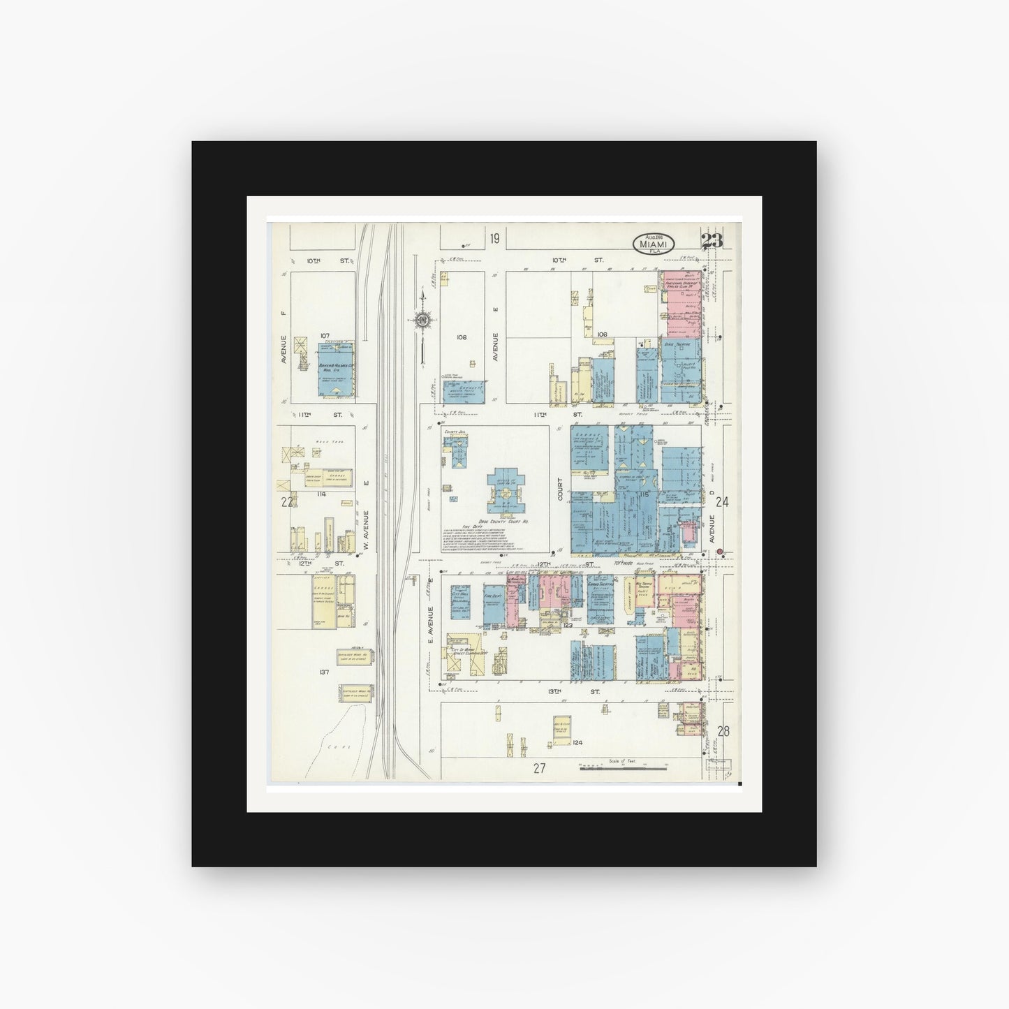 Old map wall art mockup — black gallery frame with white mat — Sanborn Fire Insurance Map from Miami, Dade County, Florida (1914), Sheet #0023