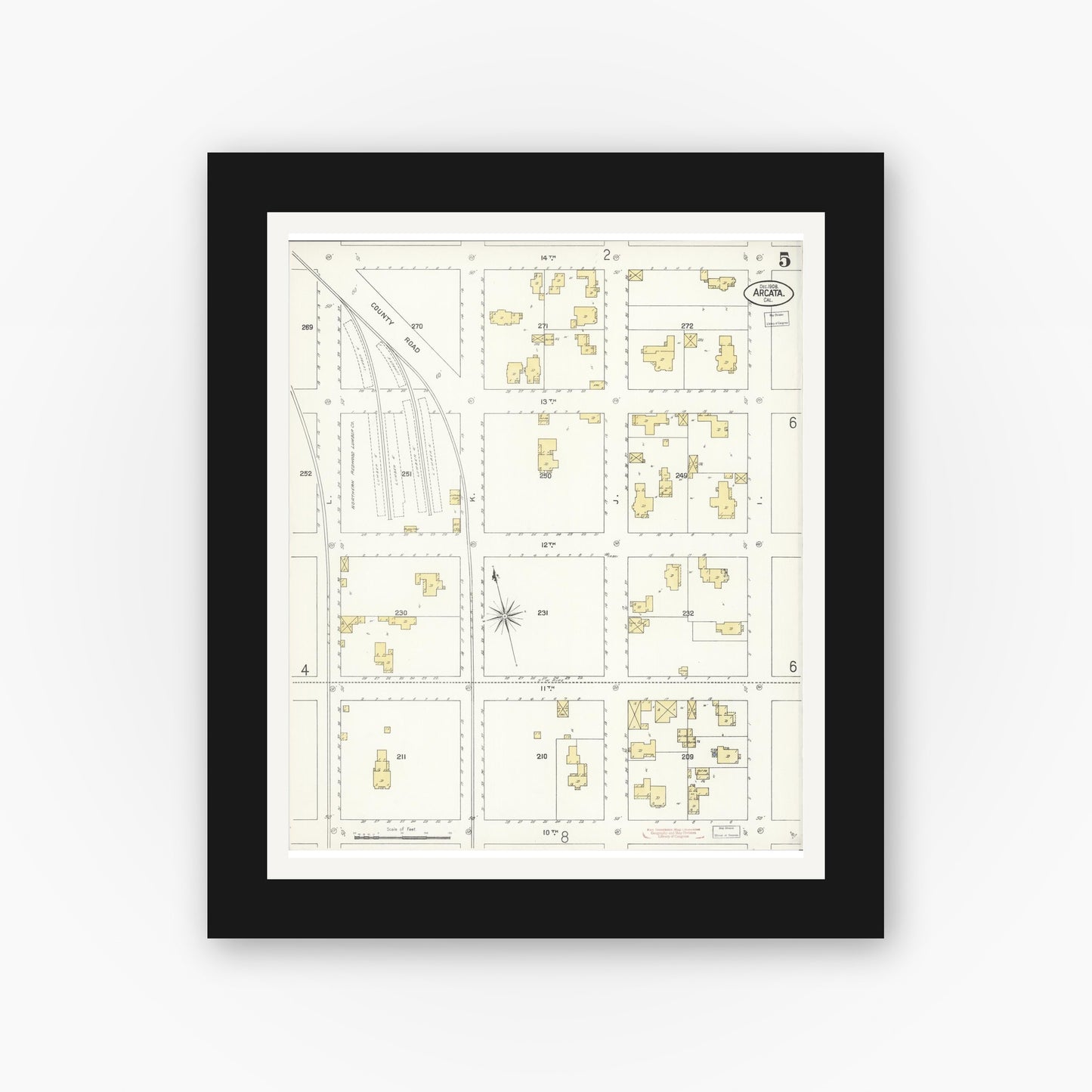 Old map wall art mockup — black gallery frame with white mat — Sanborn Fire Insurance Map from Arcata, Humboldt County, California (1908), Sheet #0005