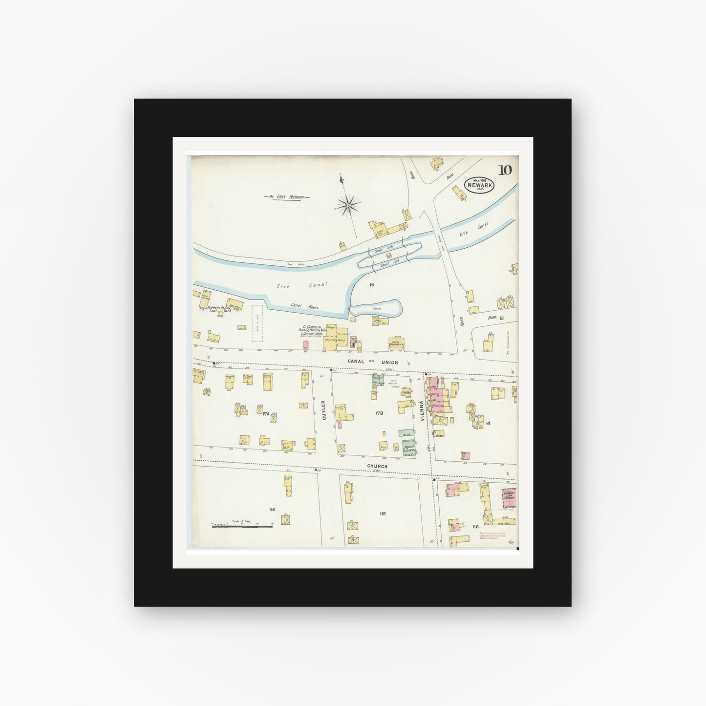 Old map wall art mockup — black gallery frame with white mat — Sanborn Fire Insurance Map from Newark, Wayne County, New York (1898), Sheet #0010
