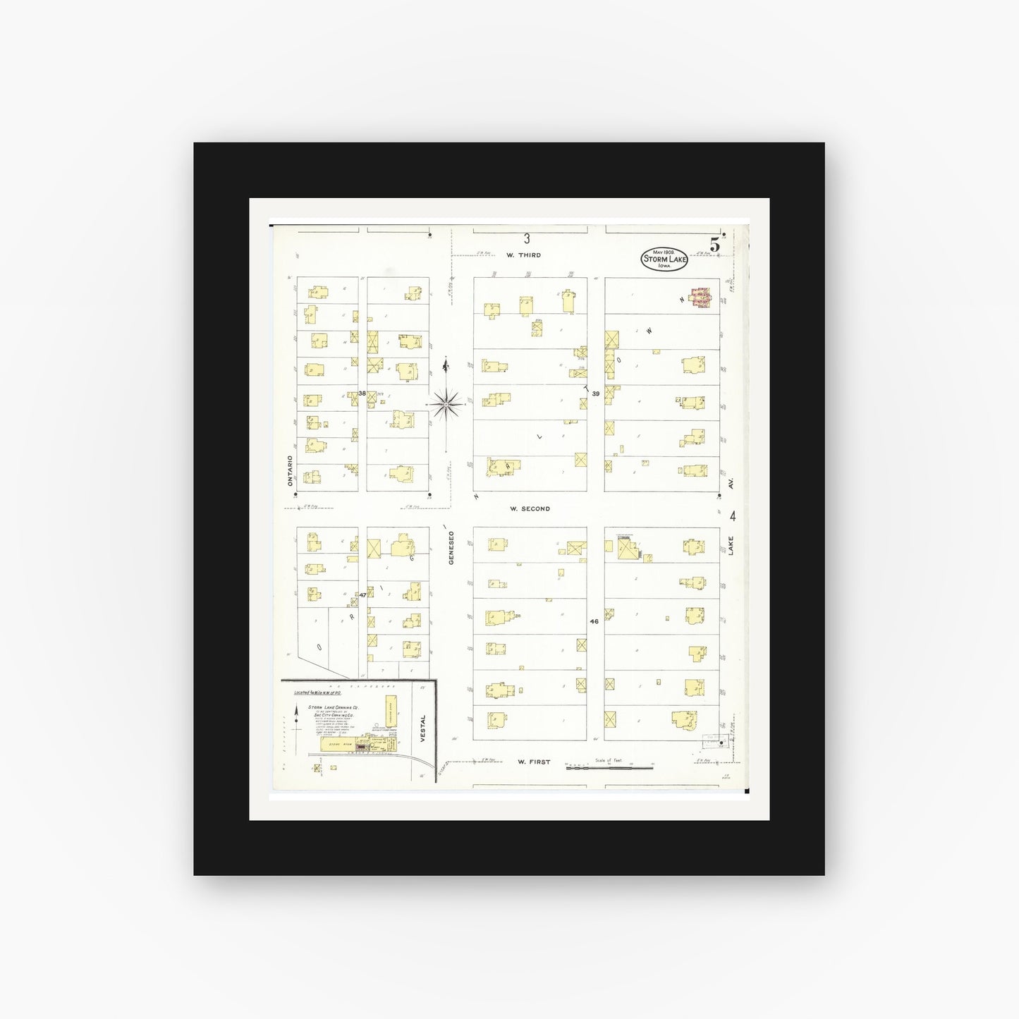 Old map wall art mockup β black gallery frame with white mat β Sanborn Fire Insurance Map from Storm Lake, Buena Vista County, Iowa (1909), Sheet #0005