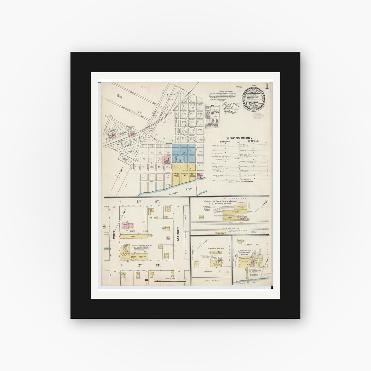 Old map wall art mockup — black gallery frame with white mat — Sanborn Fire Insurance Map from Henry, Marshall County, Illinois (1888), Sheet #0001