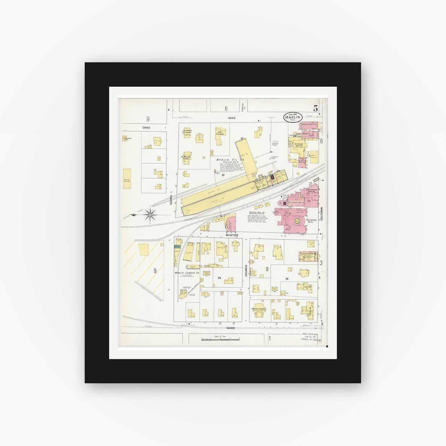 Old map wall art mockup — black gallery frame with white mat — Sanborn Fire Insurance Map from Marlin, Falls County, Texas (1909), Sheet #0005