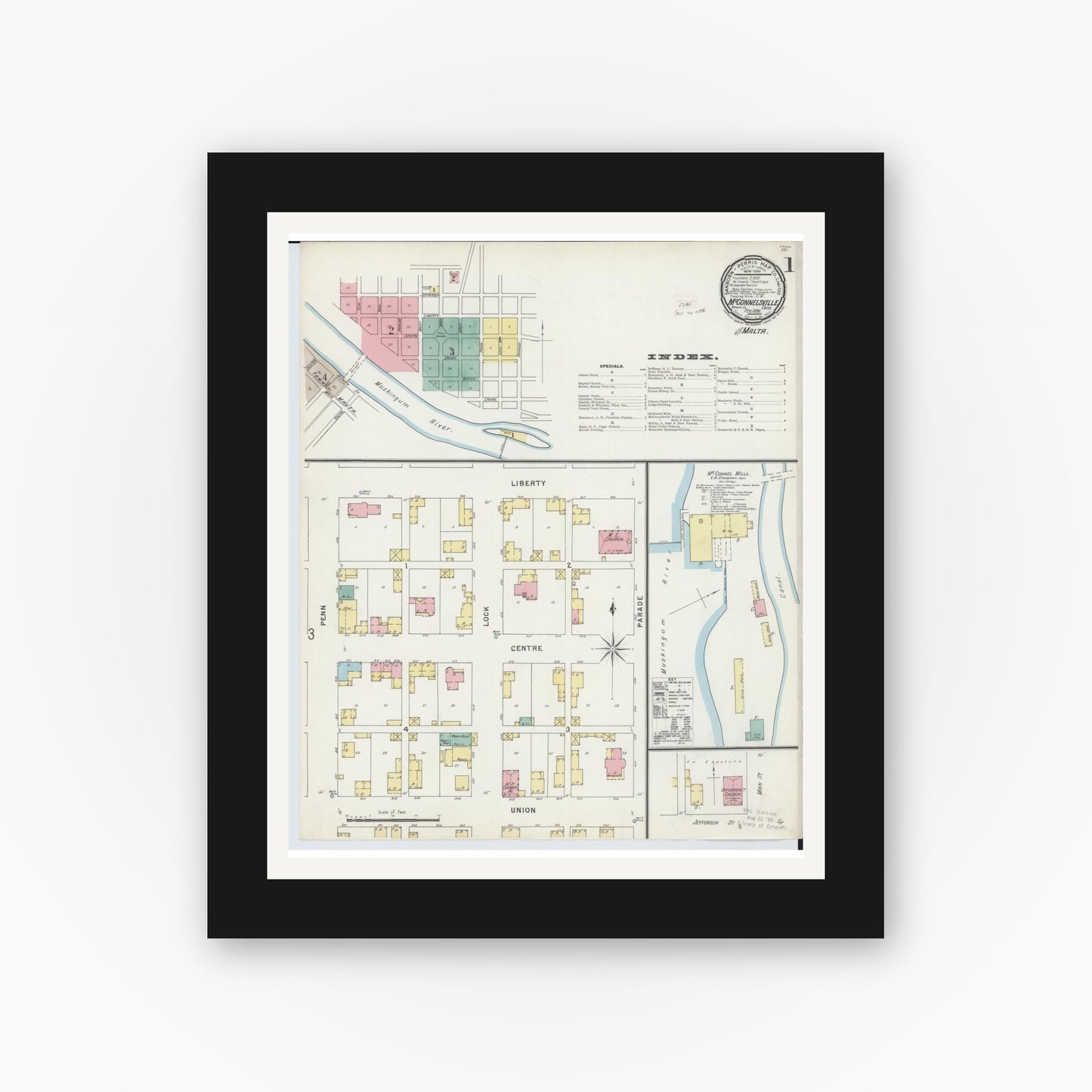 Old map wall art mockup — black gallery frame with white mat — Sanborn Fire Insurance Map from McConnelsville, Morgan County, Ohio (1896) - Complete Map Set