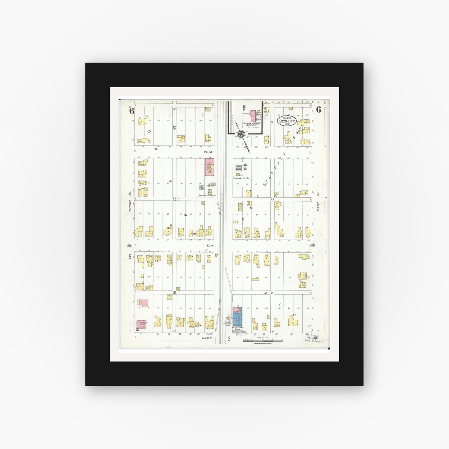 Old map wall art mockup — black gallery frame with white mat — Sanborn Fire Insurance Map from Deshler, Henry County, Ohio (1923), Sheet #0006