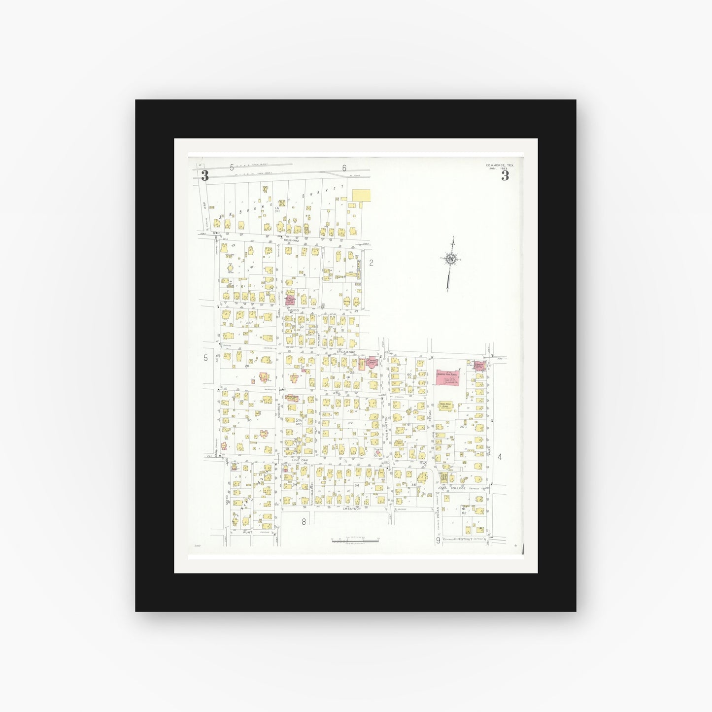 Old map wall art mockup — black gallery frame with white mat — Sanborn Fire Insurance Map from Commerce, Hunt County, Texas (1933), Sheet #0003
