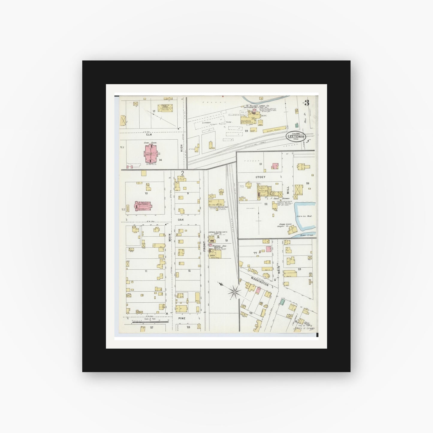 Old map wall art mockup — black gallery frame with white mat — Sanborn Fire Insurance Map from Leetonia, Columbiana County, Ohio (1898), Sheet #0003