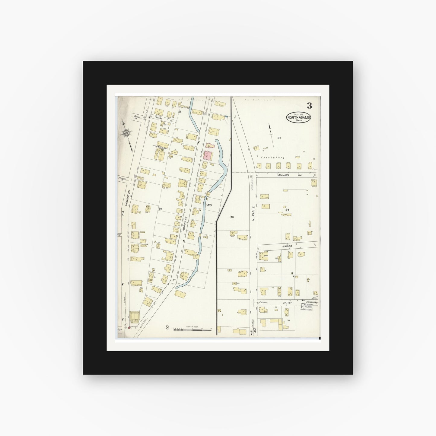 Old map wall art mockup — black gallery frame with white mat — Sanborn Fire Insurance Map from North Adams, Berkshire County, Massachusetts (1914), Sheet #0003