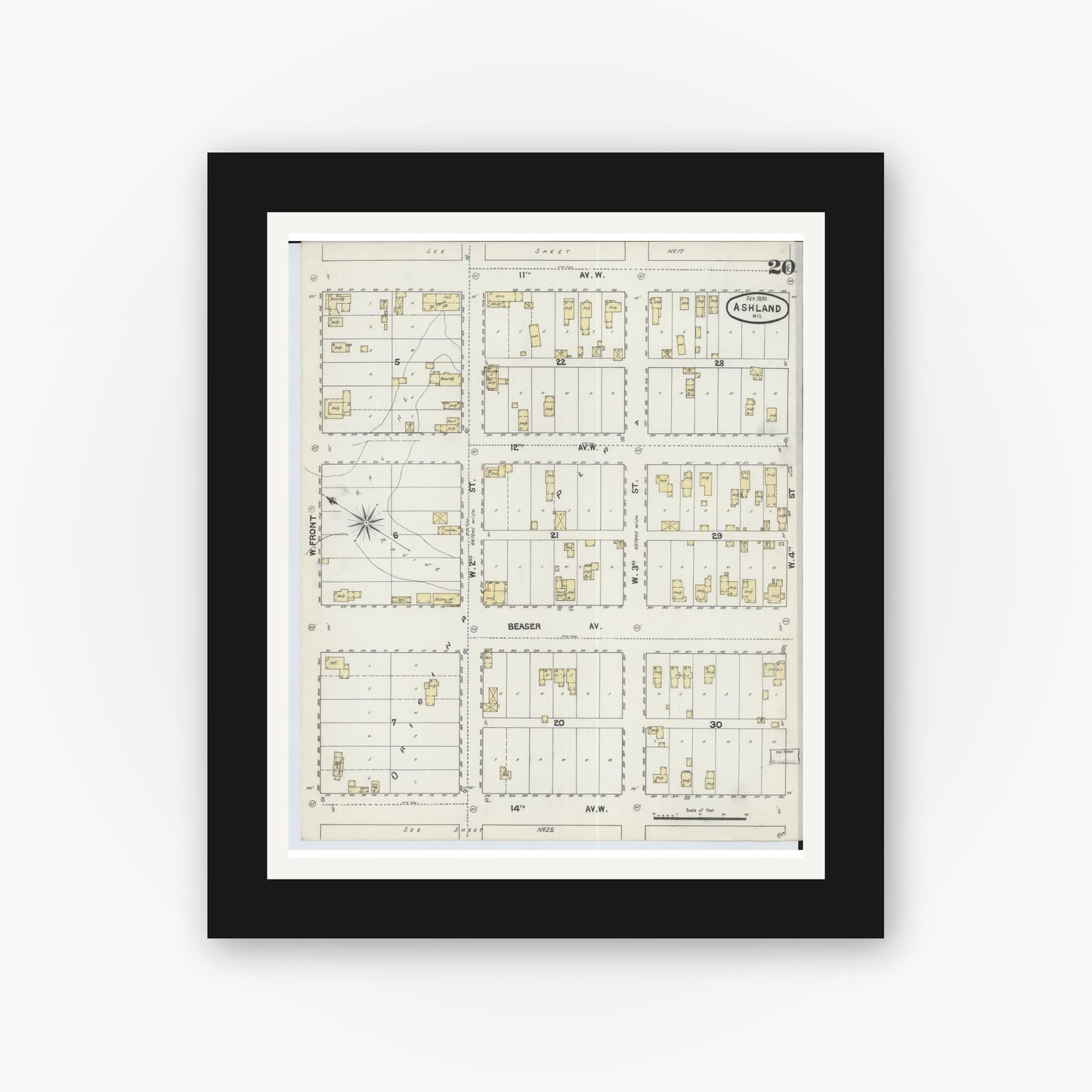 Old map wall art mockup — black gallery frame with white mat — Sanborn Fire Insurance Map from Ashland, Ashland County, Wisconsin (1890), Sheet #0020