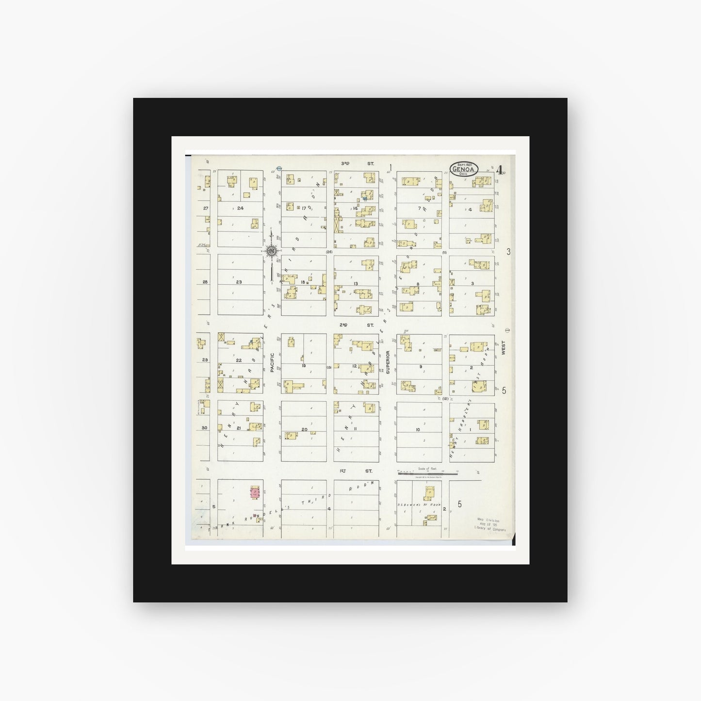 Old map wall art mockup — black gallery frame with white mat — Sanborn Fire Insurance Map from Genoa, Ottawa County, Ohio (1920), Sheet #0004