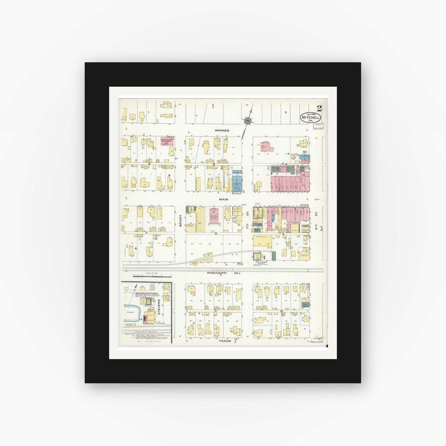 Old map wall art mockup — black gallery frame with white mat — Sanborn Fire Insurance Map from Mitchell, Lawrence County, Indiana (1909), Sheet #0002