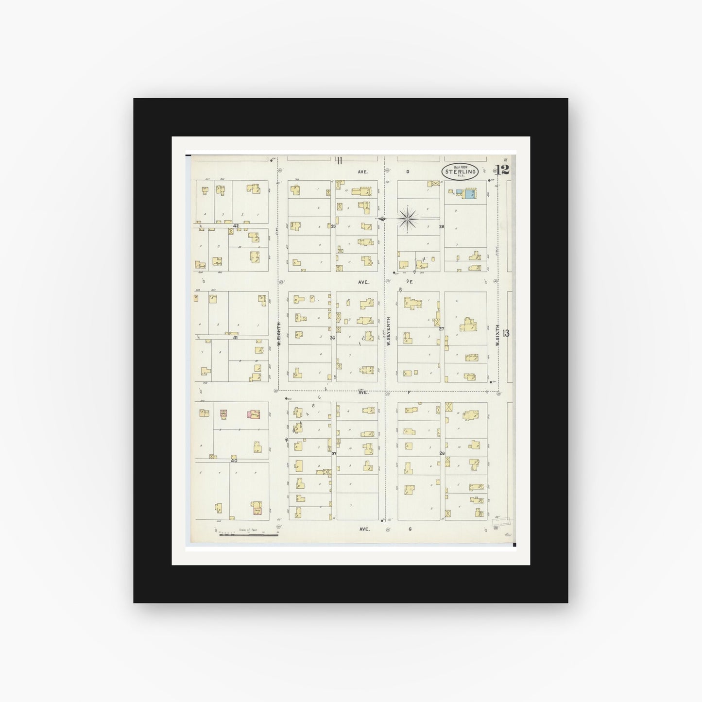Old map wall art mockup — black gallery frame with white mat — Sanborn Fire Insurance Map from Sterling, Whiteside County, Illinois (1897), Sheet #0012