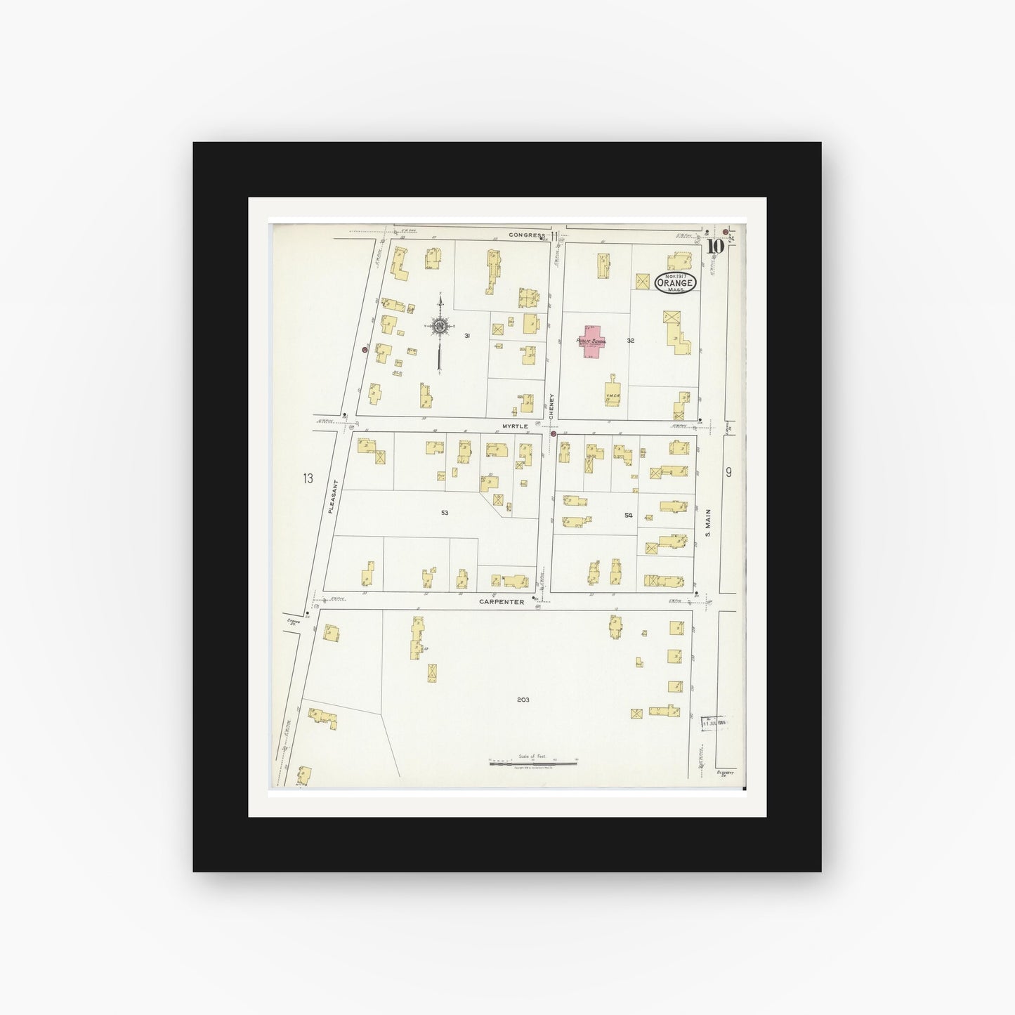Old map wall art mockup — black gallery frame with white mat — Sanborn Fire Insurance Map from Orange, Franklin County, Massachusetts (1917), Sheet #0010