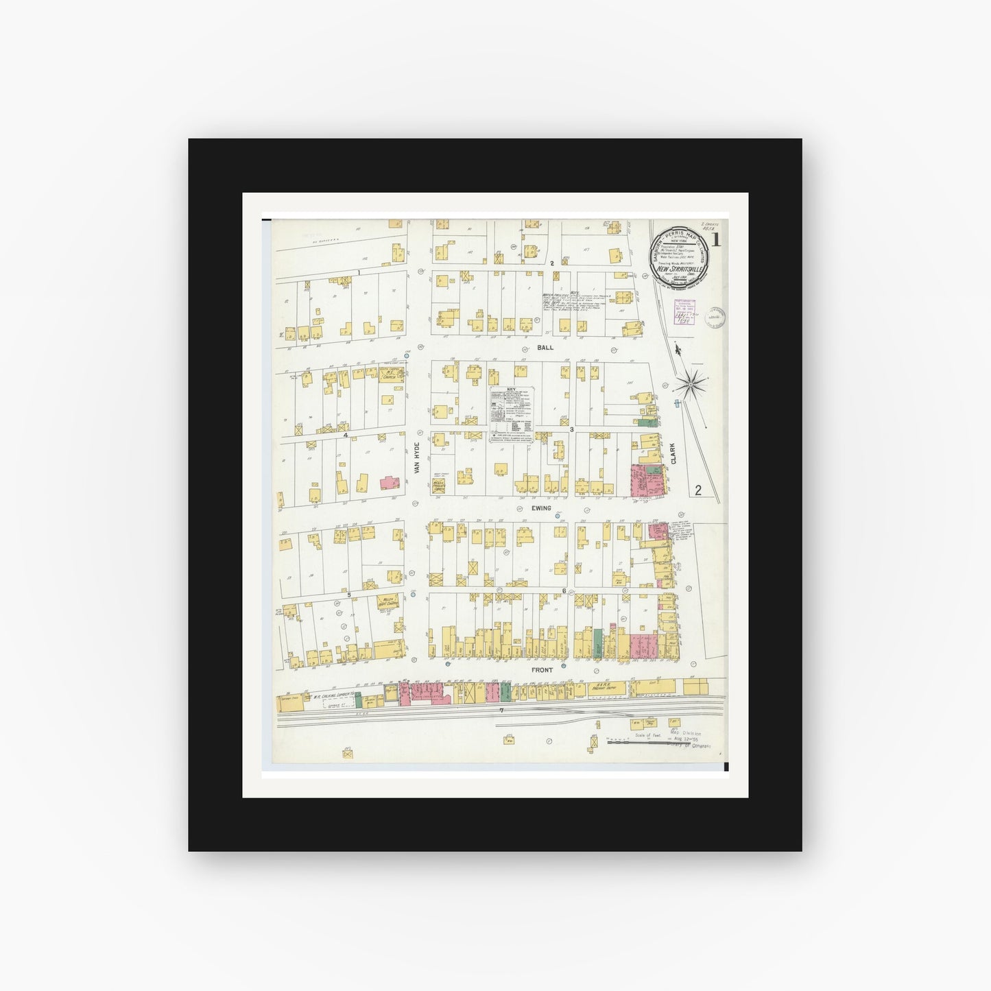 Old map wall art mockup — black gallery frame with white mat — Sanborn Fire Insurance Map from New Straitsville, Perry County, Ohio (1901), Sheet #0001