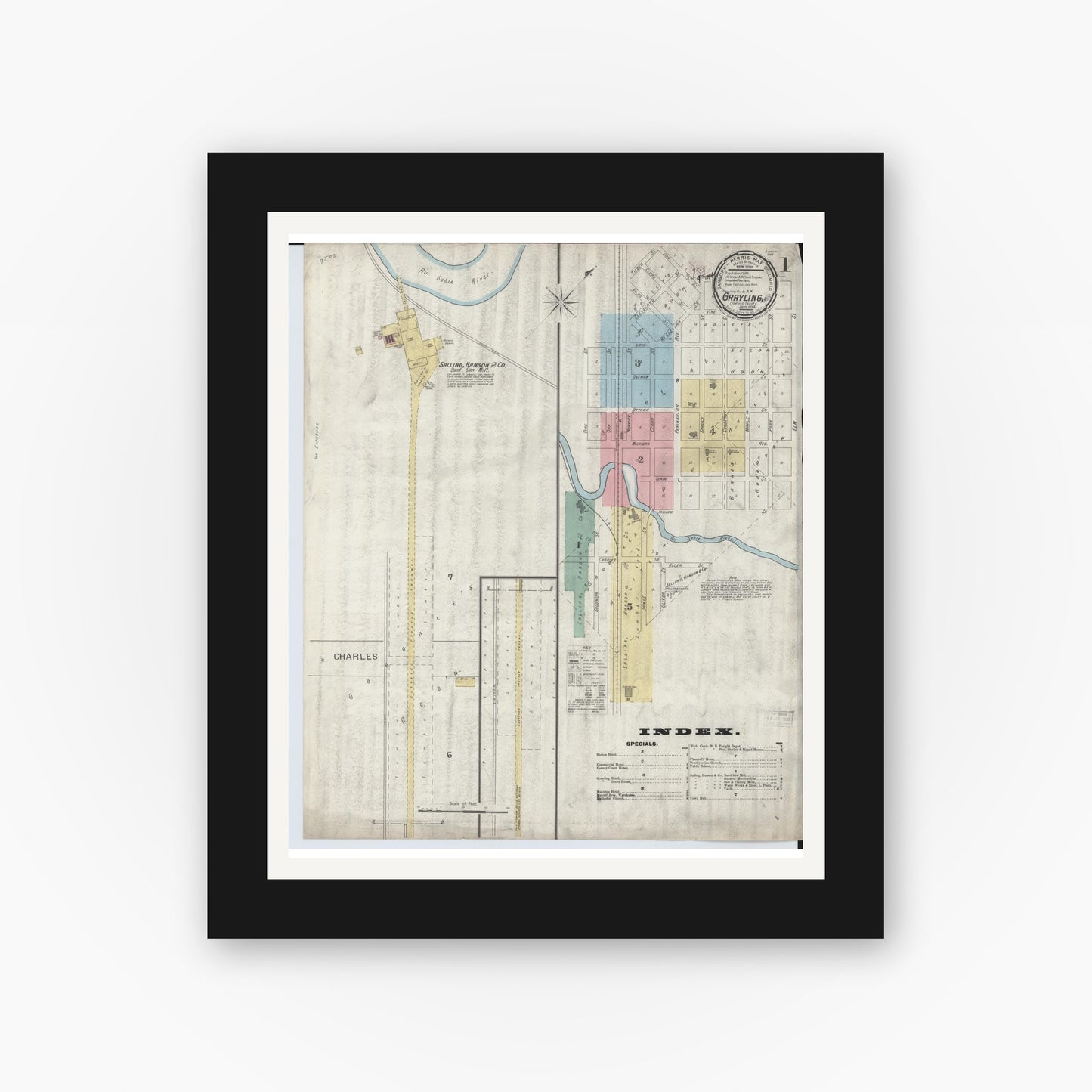 Old map wall art mockup — black gallery frame with white mat — Sanborn Fire Insurance Map from Grayling, Crawford County, Michigan (1894) - Complete Map Set