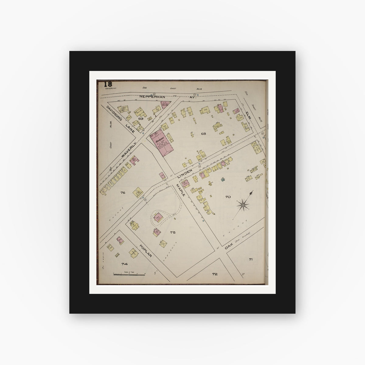 Old map wall art mockup — black gallery frame with white mat — Sanborn Fire Insurance Map from Yonkers, Westchester County, New York (1886), Sheet #0018