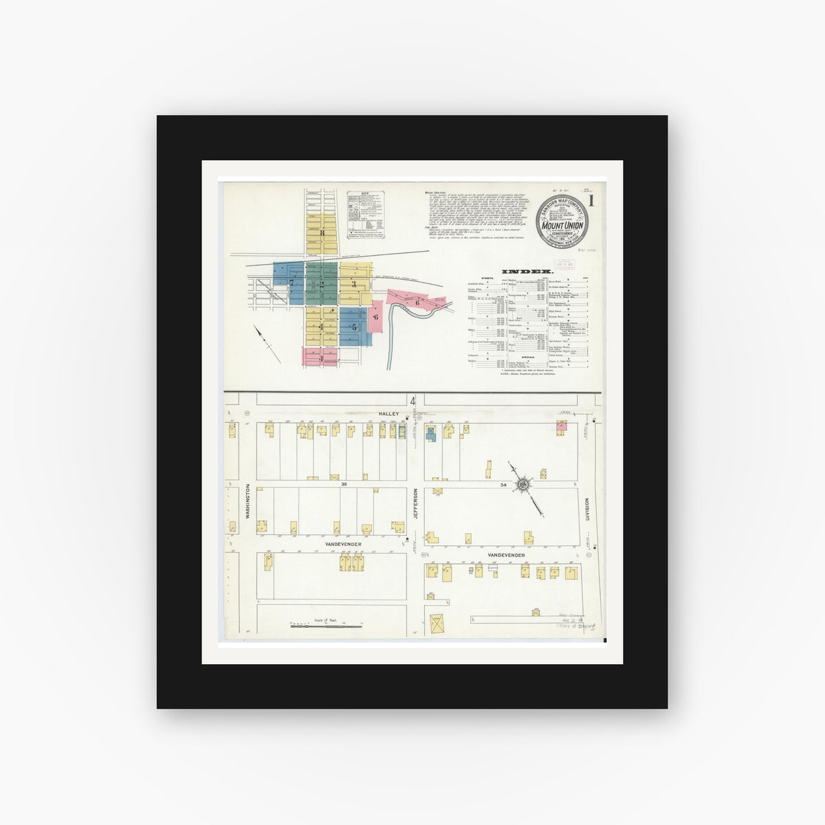 Old map wall art mockup — black gallery frame with white mat — Sanborn Fire Insurance Map from Mount Union, Huntingdon County, Pennsylvania (1911) - Complete Map Set