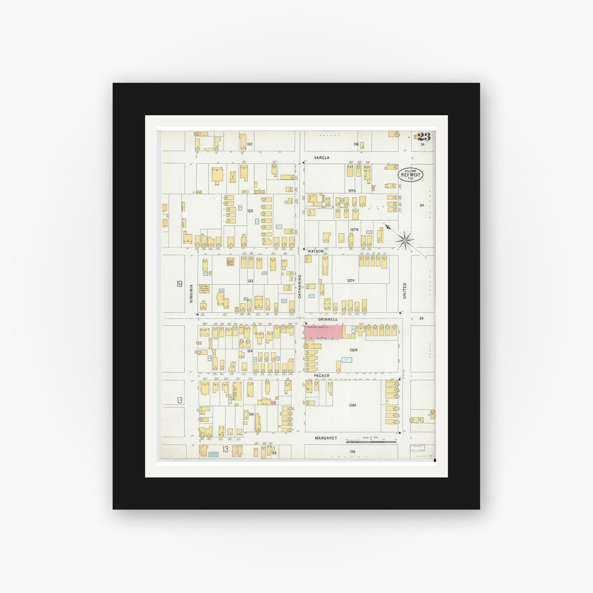 Old map wall art mockup — black gallery frame with white mat — Sanborn Fire Insurance Map from Key West, Monroe County, Florida (1899), Sheet #0023