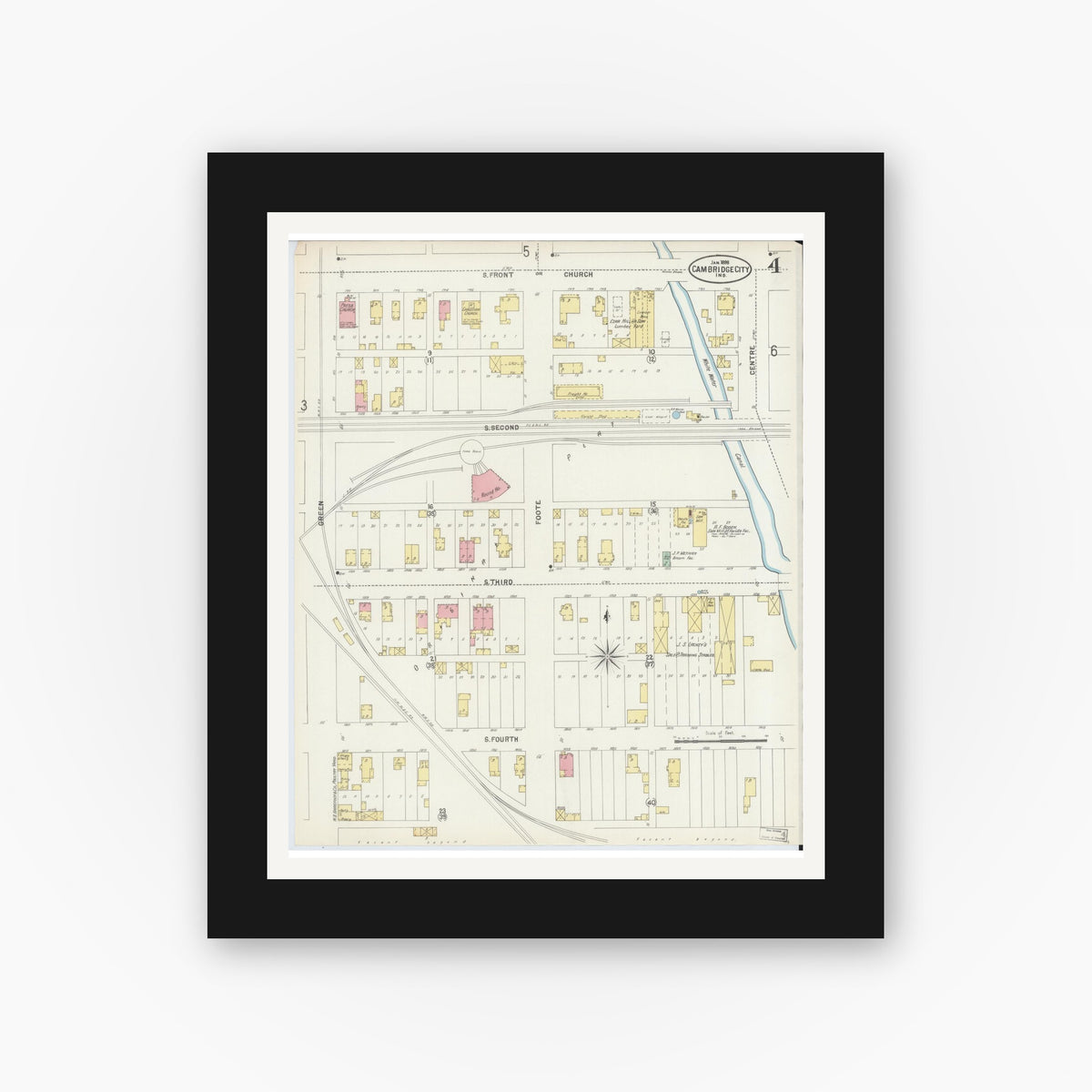 Old map wall art mockup — black gallery frame with white mat — Sanborn Fire Insurance Map from Cambridge City, Wayne County, Indiana (1898), Sheet #0004