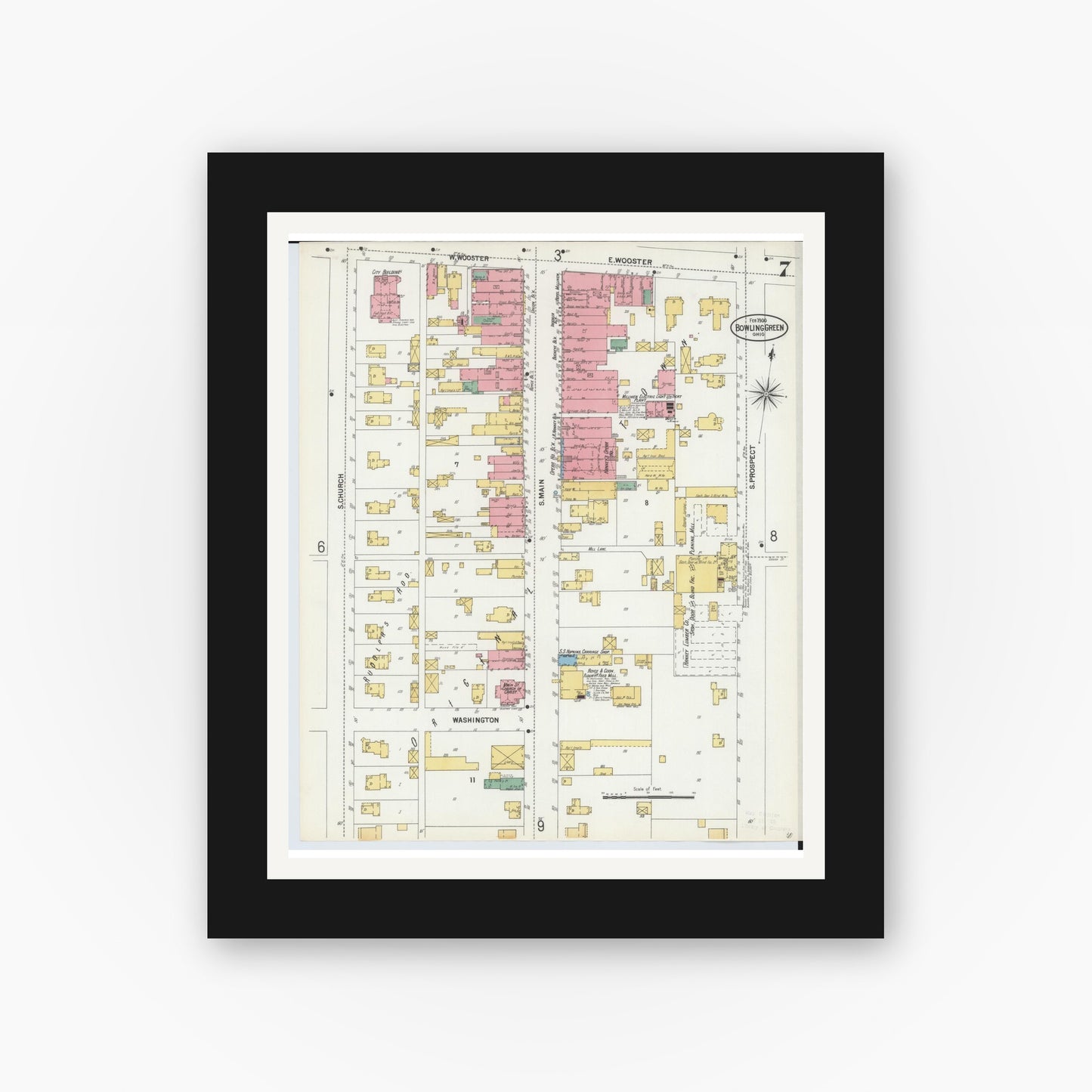Old map wall art mockup — black gallery frame with white mat — Sanborn Fire Insurance Map from Bowling Green, Wood County, Ohio (1900), Sheet #0007