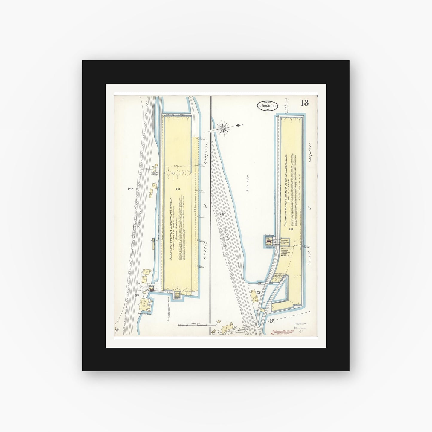 Old map wall art mockup — black gallery frame with white mat — Sanborn Fire Insurance Map from Crockett, Contra Costa County, California (1899), Sheet #0013