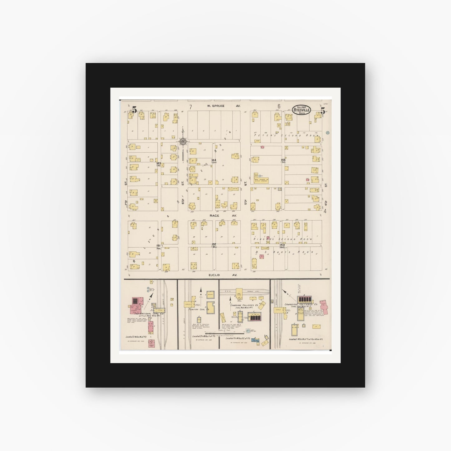 Old map wall art mockup — black gallery frame with white mat — Sanborn Fire Insurance Map from Byesville, Guernsey County, Ohio (1922), Sheet #0005