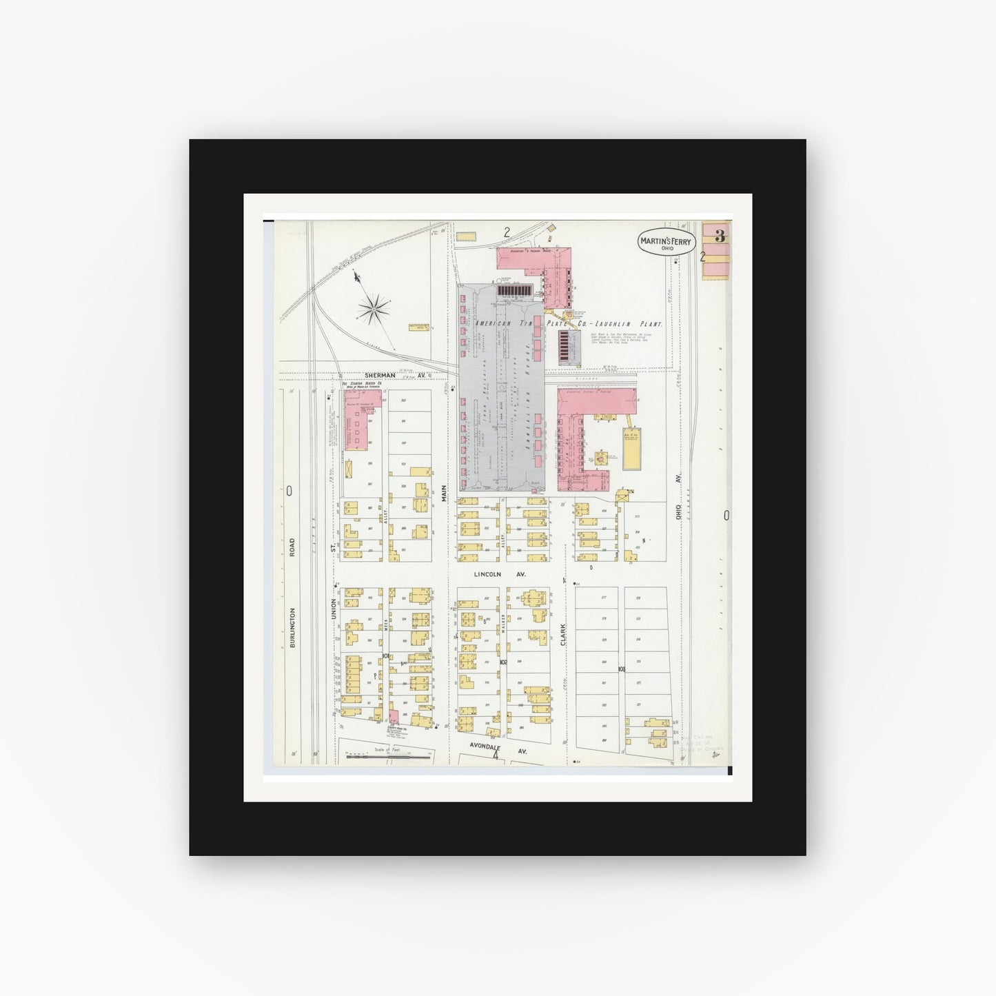Old map wall art mockup — black gallery frame with white mat — Sanborn Fire Insurance Map from Martins Ferry, Belmont County, Ohio (1900), Sheet #0003