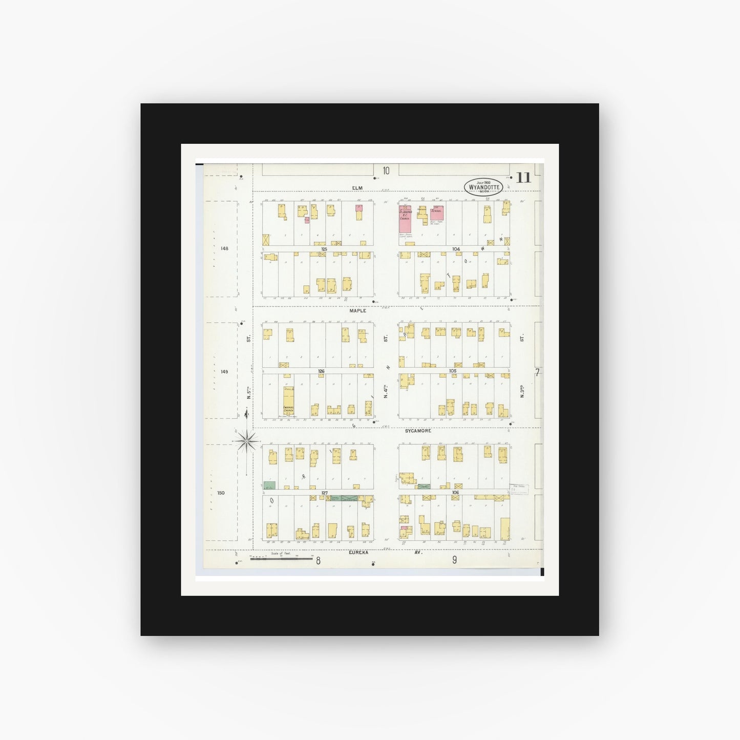 Old map wall art mockup — black gallery frame with white mat — Sanborn Fire Insurance Map from Wyandotte, Wayne County, Michigan (1900), Sheet #0011
