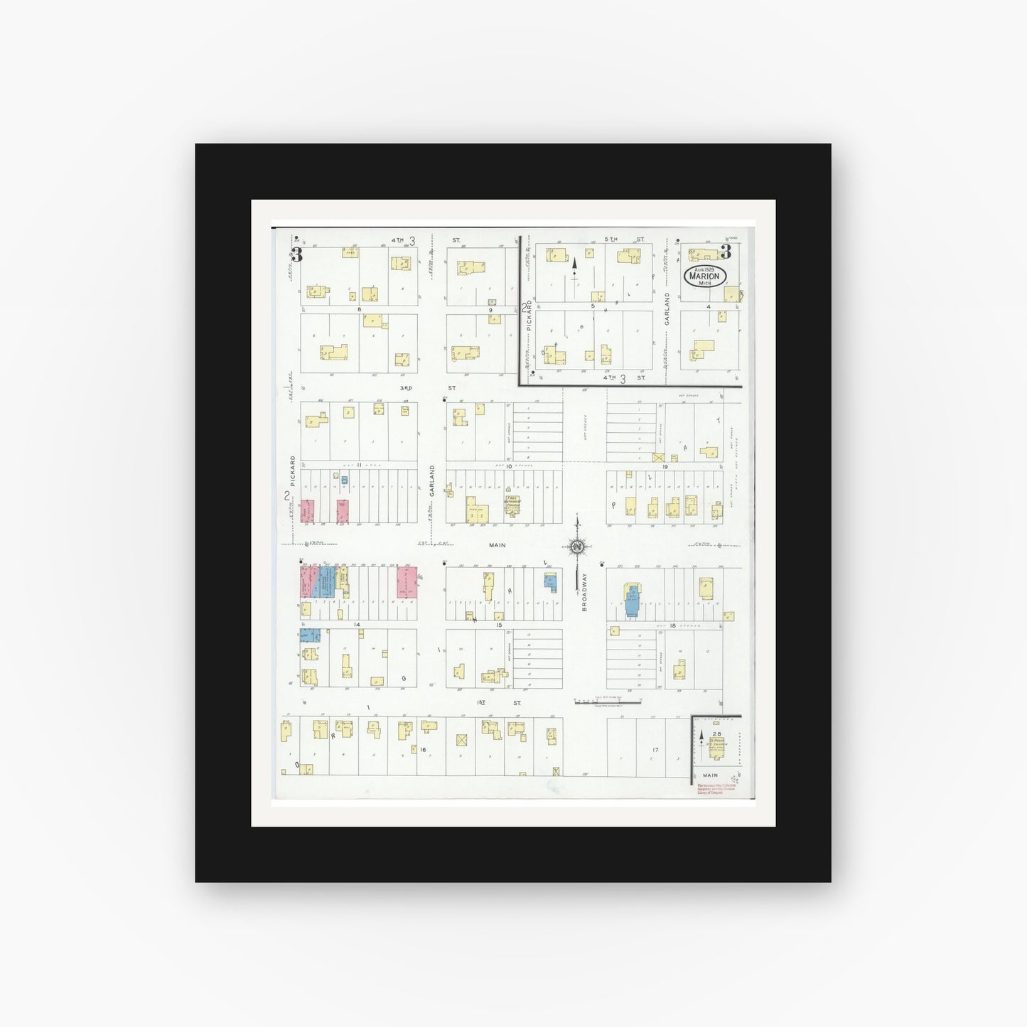 Old map wall art mockup — black gallery frame with white mat — Sanborn Fire Insurance Map from Marion, Osceola County, Michigan (1929), Sheet #0003