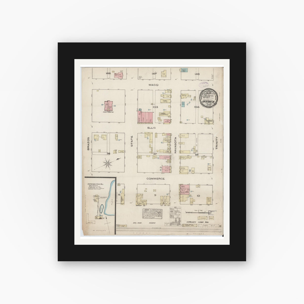 Old map wall art mockup — black gallery frame with white mat — Sanborn Fire Insurance Map from Groesbeck, Limestone County, Texas (1885), Sheet #0001