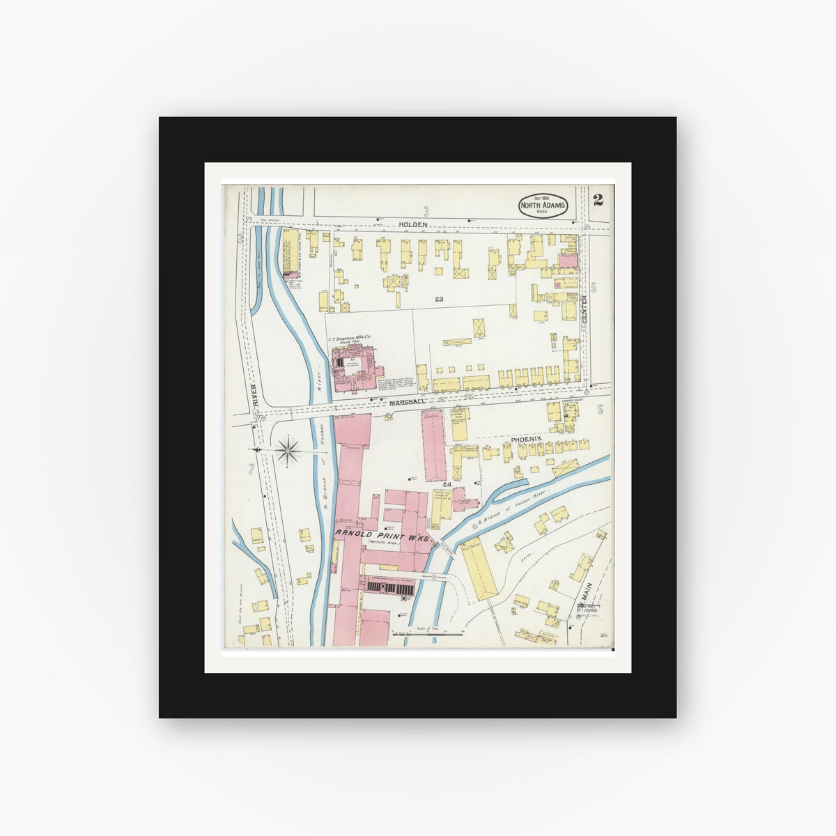 Old map wall art mockup — black gallery frame with white mat — Sanborn Fire Insurance Map from North Adams, Berkshire County, Massachusetts (1892), Sheet #0002